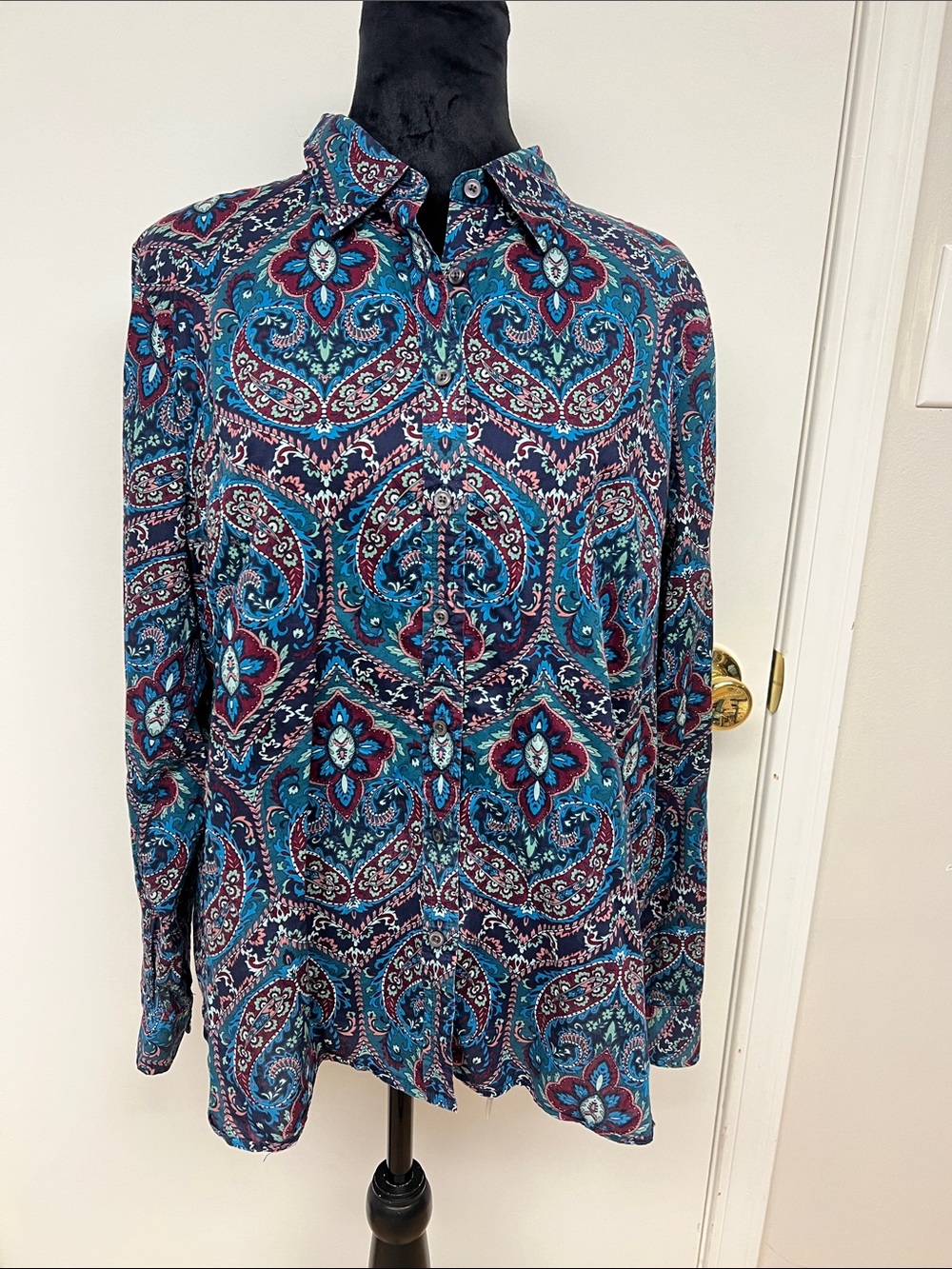 Talbots Paisley Button-Up Shirt in Navy, Teal & Burgundy